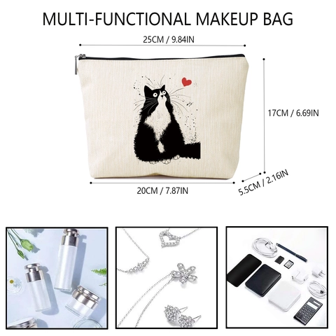 Linnen Look Polyester Make-Uptas Schattige Kat Hart Print Rits Toiletzak Vrouwen Reizen Dagelijks Cosmetische Organizer