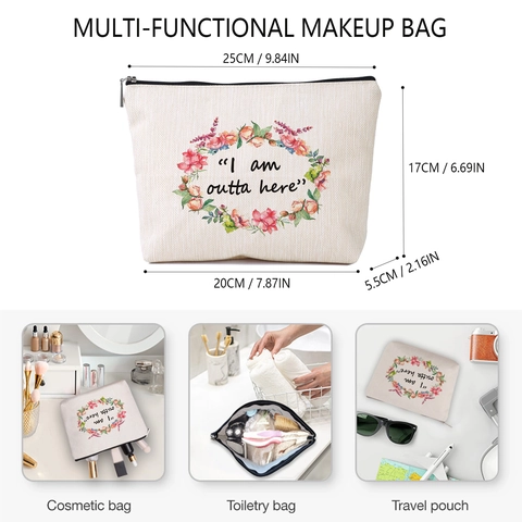 Floral Printed Polyester Makeup Bag I Am Outta Here Lettering Portable Travel Toiletry Organizer Zipper Pouch For Women Daily Use