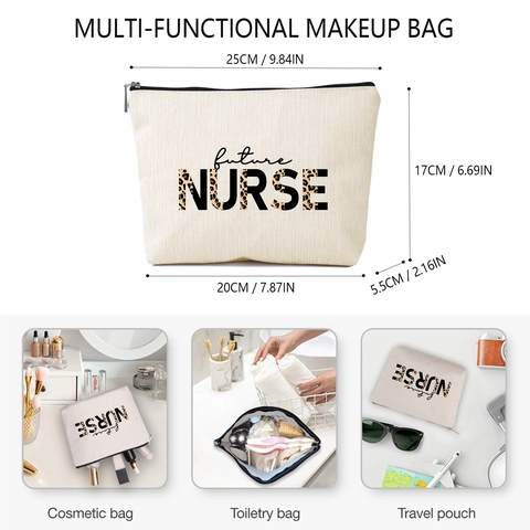 Future Nurse Letter Print Polyester Makeup Bag Leopard Graphic Travel Cosmetic Pouch Zipper Toiletries Storage Organizer