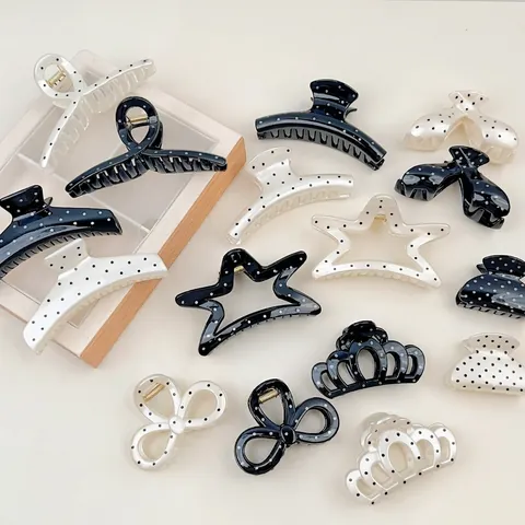 Pinza per Capelli Vintage Francese a Pois Bianchi e Neri Grande Molletta in Resina Eleganti Accessori per Capelli da Donna