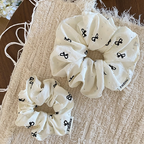 Elegante Elastico Per Capelli Bianco Crema Con Motivo A Fiocco Nero E Strass Scintillanti Accessorio Per Capelli Coreano Donna