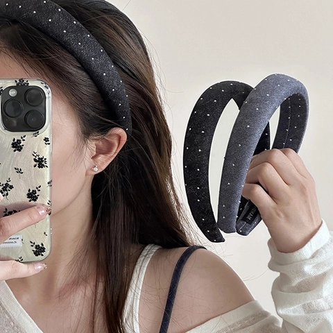 Retro Denim Fabric Padded Headband For Women Rhinestone Polka Dot Thick Hair Hoop Wide Brim Non-Slip High Crown Headpiece