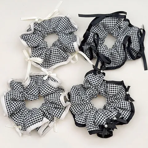 Coleteros Franceses Retro a Cuadros con Lazo Mujer Gomas de Pelo Elásticas de Tela Perla Artificial Accesorios Pelo Gingham