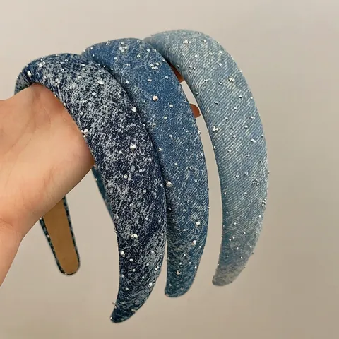 Koreanischer Stil Strass Denim Haarreif Für Damen Vintage Breit Gepolstertes Haarband Sternenklare Strass Gewaschene Denim Haaraccessoires