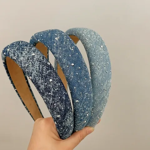 Koreanischer Stil Strass Denim Haarreif Für Damen Vintage Breit Gepolstertes Haarband Sternenklare Strass Gewaschene Denim Haaraccessoires