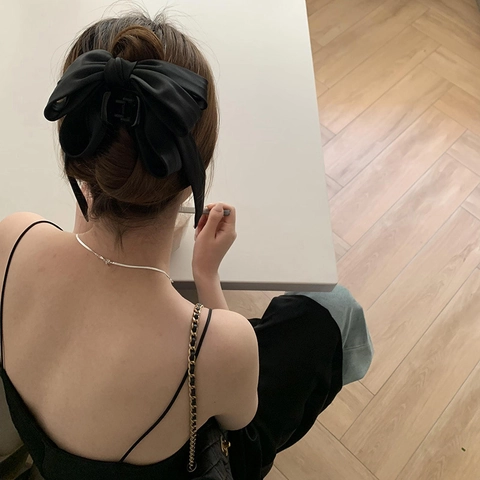 French Style Satin Bow Hair Claw Large Black Ribbon Hair Clip Elegant Headpiece For Women Handmade Satin Fabric Hair Accessory