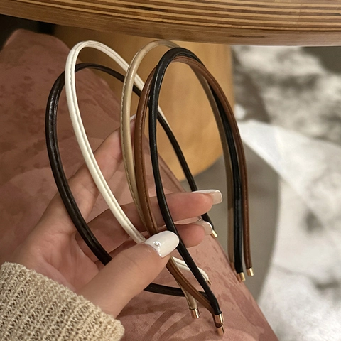 Women Simple PU Leather Thin Headband Korean Style Elegant Solid Color Hair Band With Gold Metal End Caps Jewelry Gift