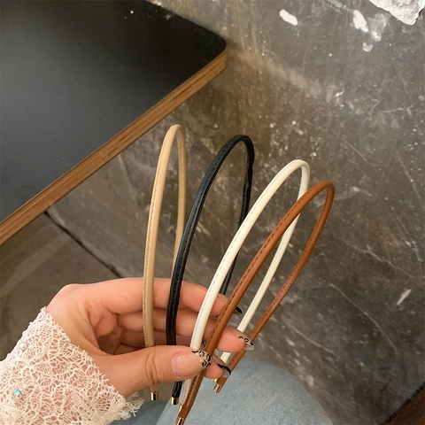 Women Simple PU Leather Thin Headband Korean Style Elegant Solid Color Hair Band With Gold Metal End Caps Jewelry Gift