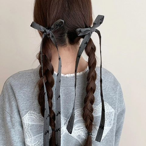 Gray Balletcore Long Ribbon Hair Claw Clips With Bow Polka Dot Prints Elegant Fabric Streamer Hair Accessories For Women