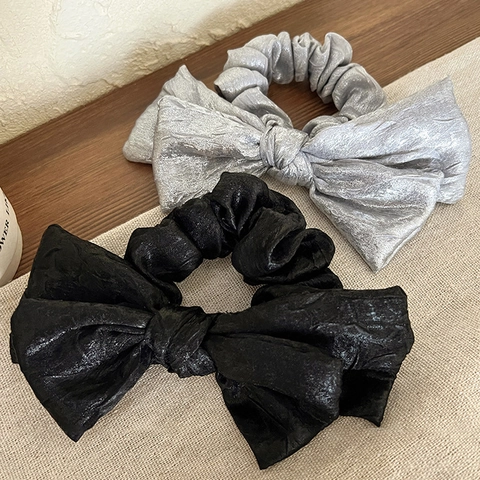 Stile Coreano Di Nicchia Argento Moda Fiocco Scrunchie Elegante Grande Plissettato Elastico Per Capelli Donna Fatto A Mano Accessori