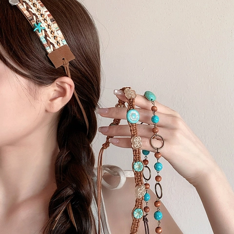Bohemian Ethnic Braided Hair Band Natural Stone Pattern Polyester Waist Chain Starfish Shell Decorative Women Accessory