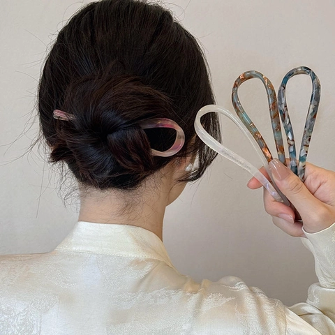 Minimalist Acetate U-Shaped Hair Fork Vintage French Tortoiseshell Marble Pattern Hair Stick For Women Elegant Headwear