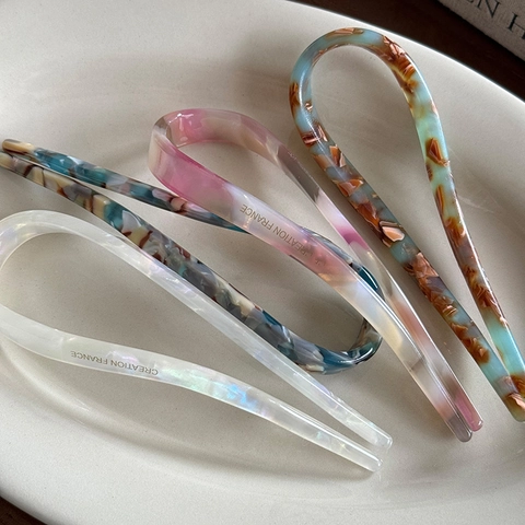 Minimalist Acetate U-Shaped Hair Fork Vintage French Tortoiseshell Marble Pattern Hair Stick For Women Elegant Headwear