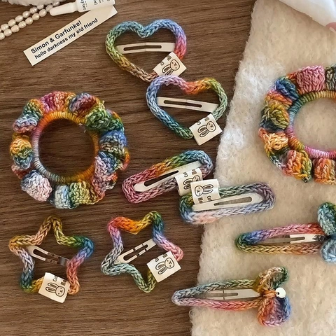 Handmade Rainbow Woolen Yarn Star Heart Bowknot Hair Clips Cute Sweet Girls Hair Accessories