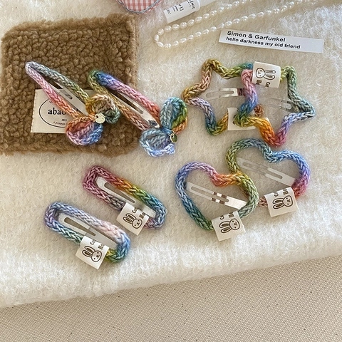 Handmade Rainbow Woolen Yarn Star Heart Bowknot Hair Clips Cute Sweet Girls Hair Accessories