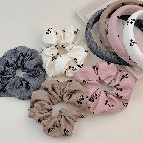 Koreanische Süße Schleife Druck Rippenstoff Stirnband High Top Schwamm Haarband Verdickte Haarreifen Scrunchie Für Damen Haarschmuck