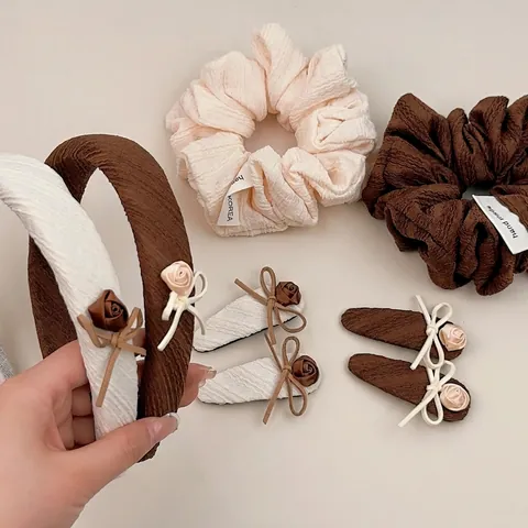 French Vintage Fabric Rose Flower Hair Accessories For Women Sweet Scrunchies Elegant Headbands And Floral Bow Hair Clips
