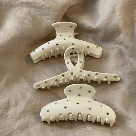 Vintage Cream Acetate Hair Claw Clip For Women Elegant Korean Style Hair Accessory With Colorful Rhinestones Clamp