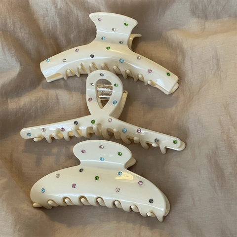 Vintage Cream Acetate Hair Claw Clip For Women Elegant Korean Style Hair Accessory With Colorful Rhinestones Clamp