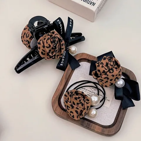 Vintage Leopard Print Hair Accessories Elegant Cloth Rose Bow Artificial Pearl Scrunchie Hair Claw Clip French Style Headwear For Women