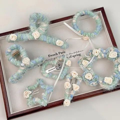 Handgefertigt Strickgarn Blumen Haarspangen Süß Blau Grün Haarklammer Französisch Satin Rose Haargummis Für Damen Schmuck