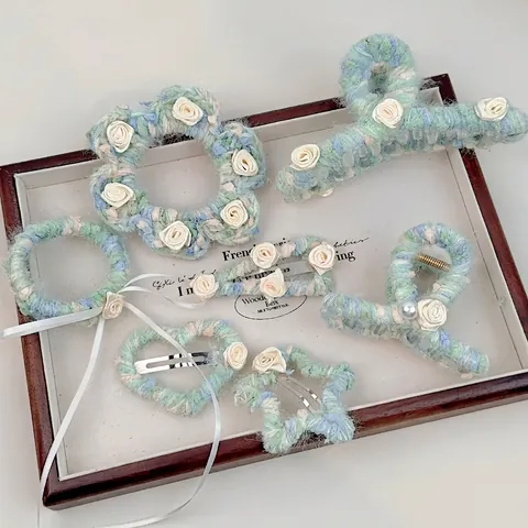 Handgefertigt Strickgarn Blumen Haarspangen Süß Blau Grün Haarklammer Französisch Satin Rose Haargummis Für Damen Schmuck