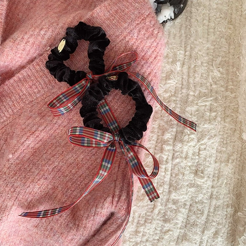 Scrunchie Vintage a Quadri con Fiocco e Nastri Lunghi Elastico per Capelli in Velluto Stile Francese Elegante da Donna