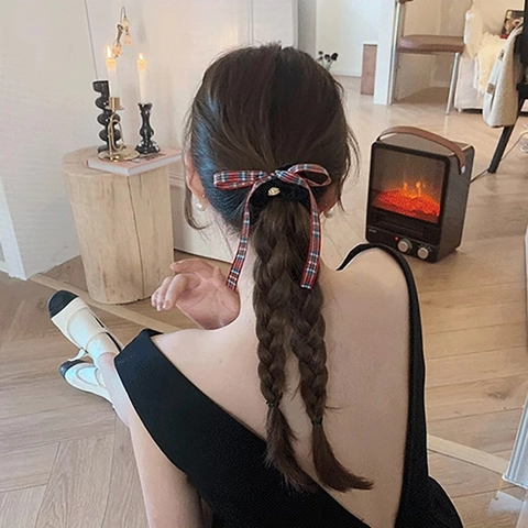 Scrunchie Vintage a Quadri con Fiocco e Nastri Lunghi Elastico per Capelli in Velluto Stile Francese Elegante da Donna