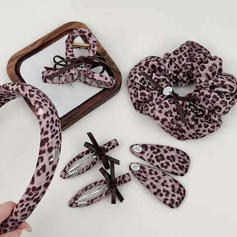 Pink Leopard Print Hair Accessories For Women Bow Knot Fabric Hair Clips Scrunchies Claw Clip Headband Korean Style Handmade Hair Ornament