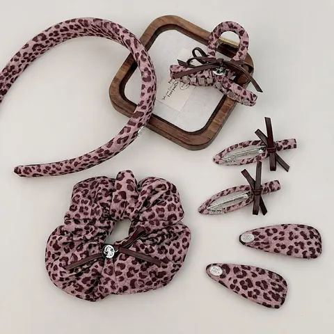 Pink Leopard Print Hair Accessories For Women Bow Knot Fabric Hair Clips Scrunchies Claw Clip Headband Korean Style Handmade Hair Ornament