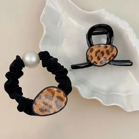 Set di Pinza per Capelli Leopardata e Scrunchie per Donna Accessori per Capelli Neri Vintage con Perla Artificiale