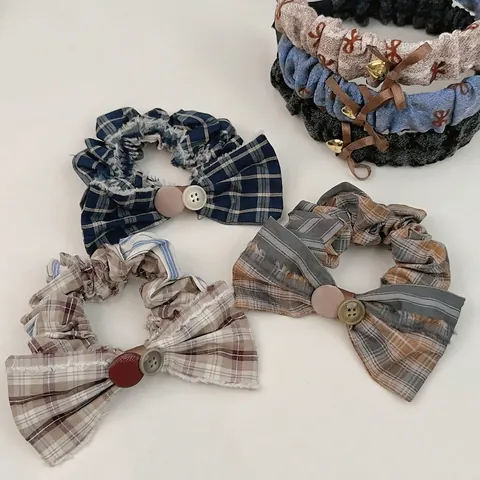 Elastici per Capelli a Quadri Retrò E Cerchietti Pieghettati in Tessuto Con Decorazione a Fiocco E Bottoni per Donna Ragazza
