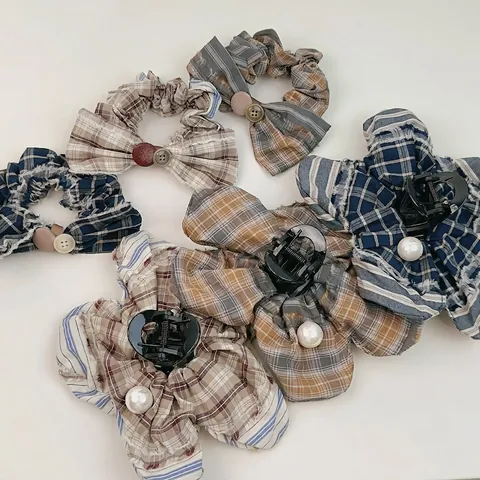 Vintage Preppy Striped Plaid Fabric Hair Claw Clip And Scrunchie With Bow Button Imitation Artificial Pearl Women Hair Accessories