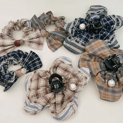Vintage Preppy Striped Plaid Fabric Hair Claw Clip And Scrunchie With Bow Button Imitation Artificial Pearl Women Hair Accessories