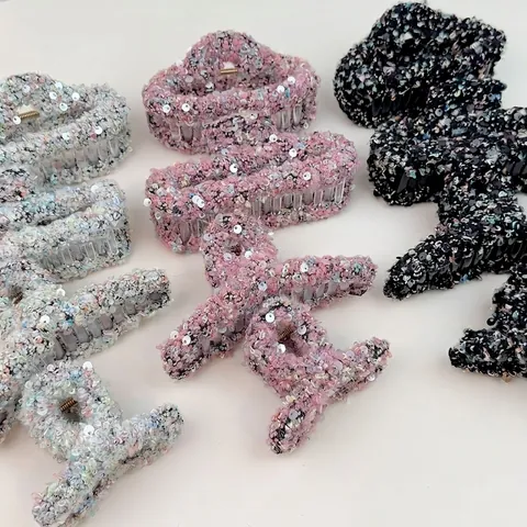 Elegante Clip per Capelli in Tweed con Paillettes Grande Clip a Squalo Dolce Stile Coreano Accessori per Capelli Donna