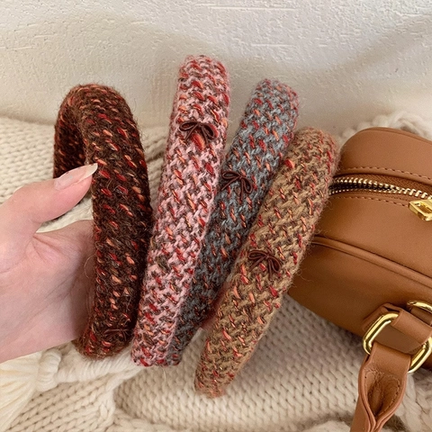 Cerchietto in Tweed Vintage Design Bombato Con Mini Fiocco Fatto a Mano Stile Coreano Accessori per Capelli Autunno Inverno