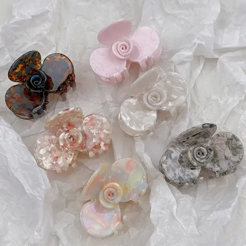 French Aesthetic Acetate Rose Flower Hair Claw Clip Medium Marble Texture Hairpins For Women Elegant Floral Hair Accessories