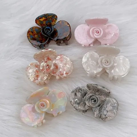 French Aesthetic Acetate Rose Flower Hair Claw Clip Medium Marble Texture Hairpins For Women Elegant Floral Hair Accessories