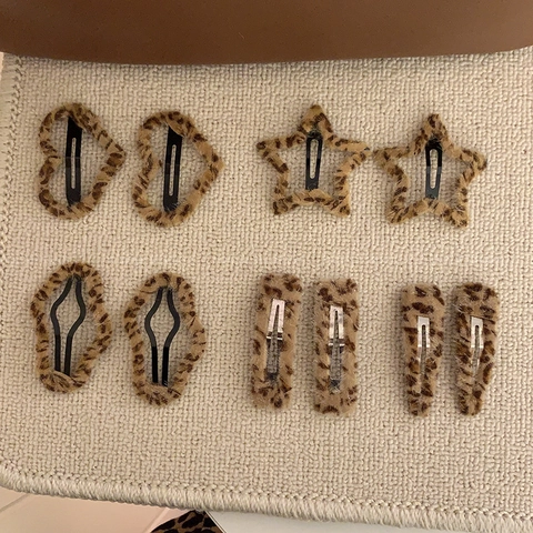 Leopard Print Plush Hair Clips For Women Korean Style Faux Fur BB Clips Heart Star Shape Soft Fabric Hairpins Hair Accessories