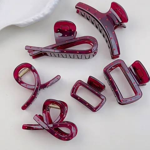 Pinza per Capelli in Stile Coreano Rosso Vino a Pois Resina Traslucida Shark Clip per Donna Elegante Gioielli per Capelli Quotidiani