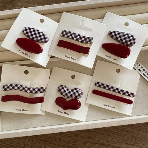 Retro Korean Plaid Hair Clip Set Red Checkerboard Plastic Resin Alloy Hairpins For Women Geometric Side Bangs Clips