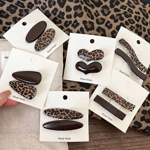 Luipaardprint Hars Eendensnavel Haarklemmen Vintage Koffiebruin Hartvorm Geometrische Zijclips Voor Dames Haaraccessoires