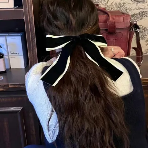 Franse Balletcore Grote Fluwelen Strik Haarclip Voor Vrouwen Retro Zwart Wit Contrast Lint Veerclip Haaraccessoires