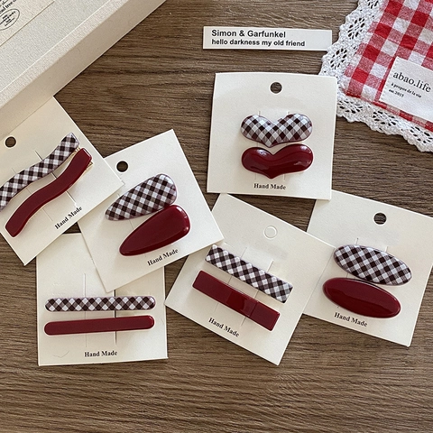 Retro Korean Plaid Hair Clip Set Red Checkerboard Plastic Resin Alloy Hairpins For Women Geometric Side Bangs Clips