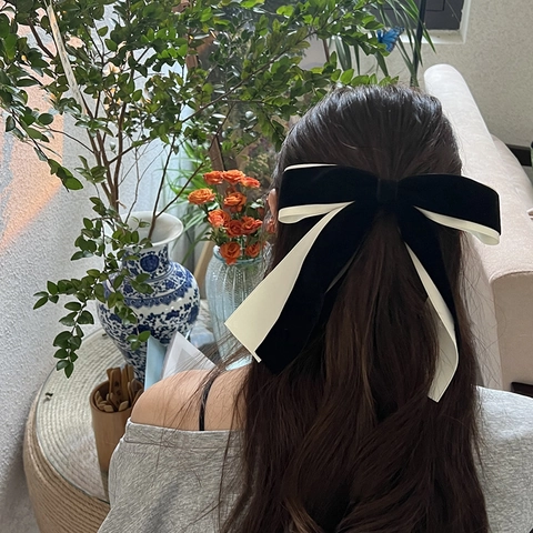 Franse Balletcore Grote Fluwelen Strik Haarclip Voor Vrouwen Retro Zwart Wit Contrast Lint Veerclip Haaraccessoires