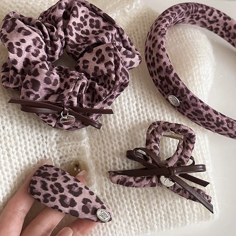 Dames Paarse Luipaardprint Strik Haaraccessoires Set Stoffen Scrunchie Haarklem Haarrand Eendenbek Clip Mode Handgemaakte Styling Tools