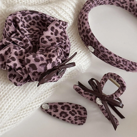 Dames Paarse Luipaardprint Strik Haaraccessoires Set Stoffen Scrunchie Haarklem Haarrand Eendenbek Clip Mode Handgemaakte Styling Tools