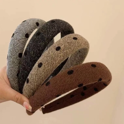 Vintage Polka Dot Padded Headband Women Retro Velvet Fabric Thickened Wide Hairband Autumn Winter Elegant Hair Accessories