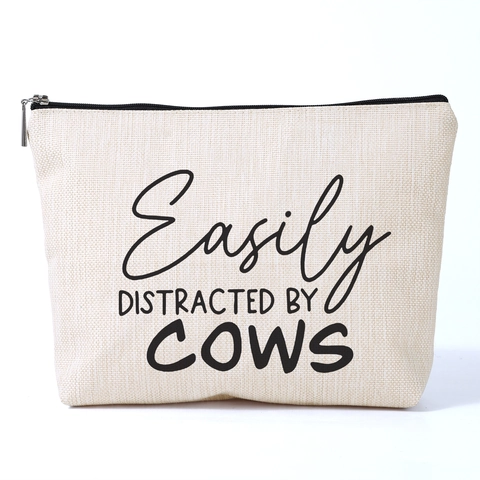 Gemakkelijk Afgeleid Door Koeien Bedrukte Polyester Make-uptas Grappige Slogan Linnenlook Toilettas Reisorganizer Dames