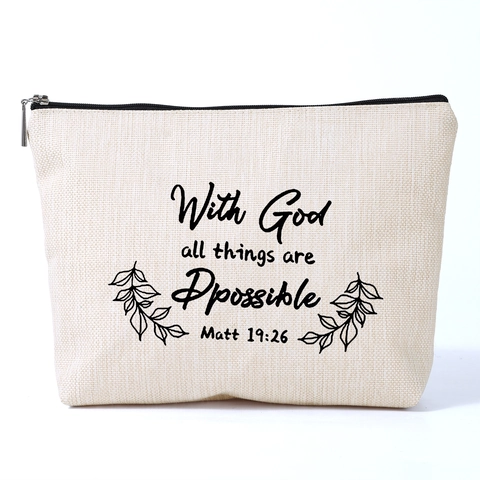 Vintage Biblical Quote Printed Polyester Makeup Bag With Zipper Beige Toiletry Travel Storage Pouch For Women Daily Cosmetic Organizer